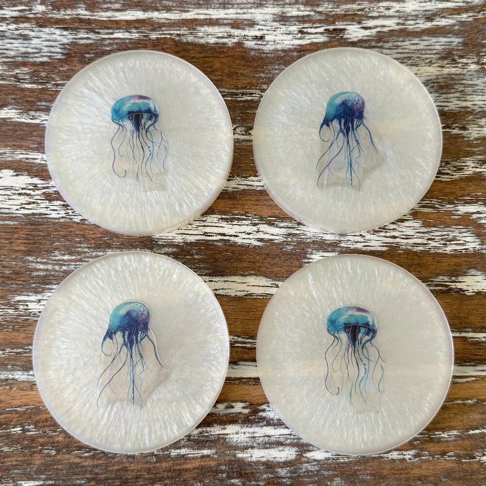 Jellyfish Ocean Resin Drink Coasters Set of 4 Beach House Housewarming Gift
